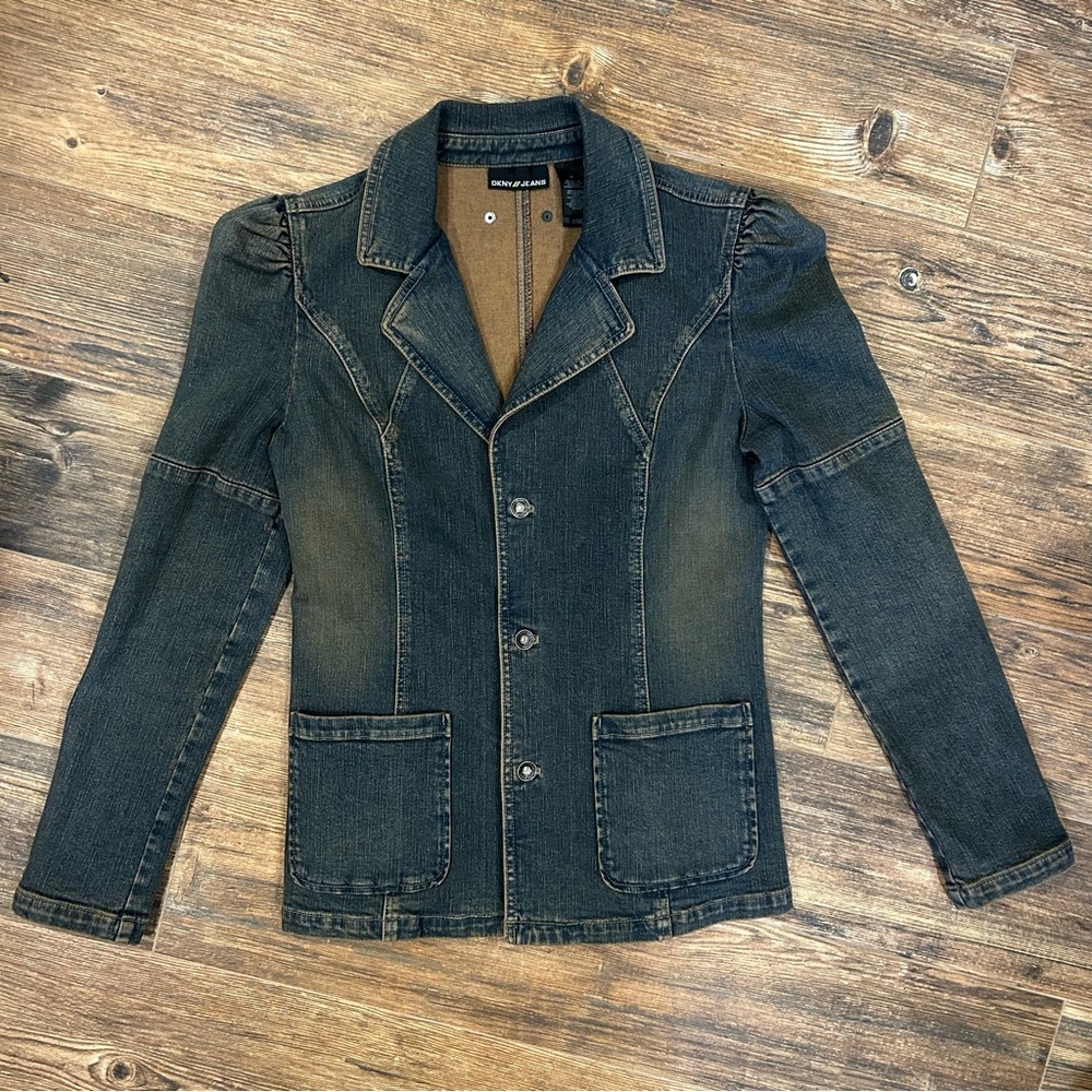 DKNY Jeans Y2K Denim Blazer Jacket Puff Shoulder Fitted Medium